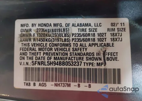 2011 Honda Odyssey Touring/Touring Elite z USA, uszkodzony, nr VIN 5FNRL5H94BB053237